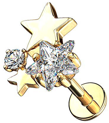Taffstyle Piercing Stab Stecker Lippenpiercing Ohrpiercing Labret Lippe Ohr Tragus Helix Platte Stud Sterne mit Glitzer Strass Kristall Gold 6mm