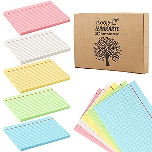 Koogel Karteikarten A6 liniert, 250 Stück in 5 Farben, Lernkarten für Notizen, Vokabeltraining, Prüfungsvorbereitung, 14,8 x 10,5 cm