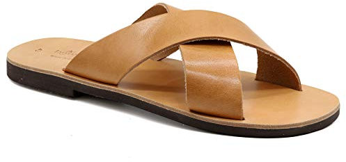 46 beige Emmanuela Sandales en cuir grec avec bracelet croisée pour hommes, sandales pour hommes à la main de haute qualité, hommes x straps chaussures d'été