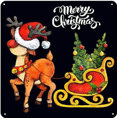 DAIERCY Weihnachts-Reh-Vintage-Blechschild mit Weihnachtsmann-Schlitten, Wanddekoration, Weihnachtsdekoration, niedliches Rentier, Metallschild für Zuhause, Büro, Café, Bar, 30,5 x 30,5 cm,