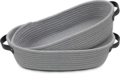 TENQUAN 2PCs Korb Aufbewahrung, Geflochtener Korb aus Baumwollseil 34×17×10cm mit Ledergriff, Aufbewahrungskorb für Kleiderschrank, Regal, Dekorative Küche, Schlafzimmer, Badezimmer (Grau)