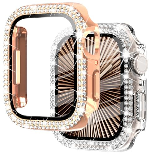 NewWays Confezione da 2 custodie per Apple Watch da 45 mm con protezione schermo integrata, da donna, con strass per iWatch serie 9, 8, 7, oro rosa/trasparente