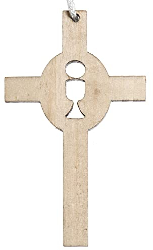 helles Holzkreuz für Erstkommunion durchbrochen gearbeitet, Motiv Kelch und Hostie