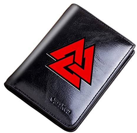 Männer Wikinger Amulett Brieftasche, Großes Fassungsvermögen Tasche mit Reißverschluss Leder Bifold Kurze Geldbörsen, RFID-Blockierung Schutz der Privatsphäre, Junge Geschenk,Schwarz,Valknut