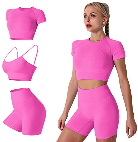 IDOPIP Damen 3teiliger Trainingsanzug Nahtlose Yoga Kleidung Kurzärmliger Crop-Top-Sport-BH und Shorts mit hoher Taille Laufbekleidung Sportanzüge Sportswear fur Gym Fitness Pink Medium