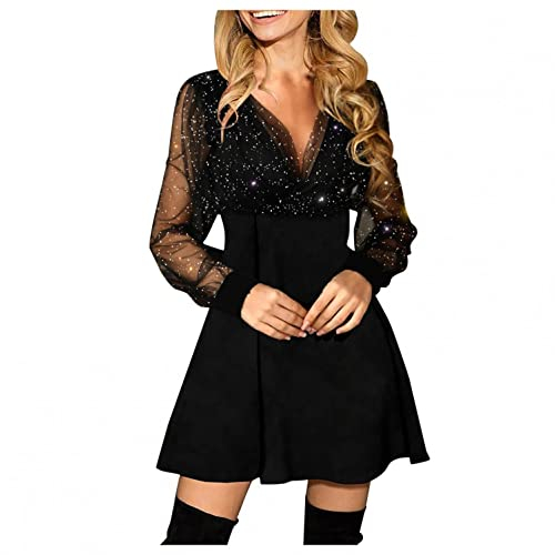 Glitzer Kleid Damen Partykleid Kleider V-Ausschnitt Chiffon Abendkleider Langarm A-Linien Abendkleid Frauen Festliches Cocktailkleid Club Oberteile, Schwarz
