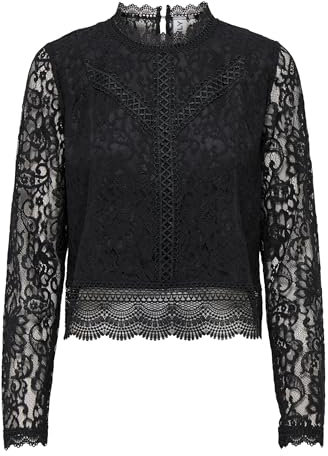 ONLY Blouse Femme col Rond Coupe Droite détail en Dentelle Manches Longues élégante, Couleurs:Noir, Taille:XL