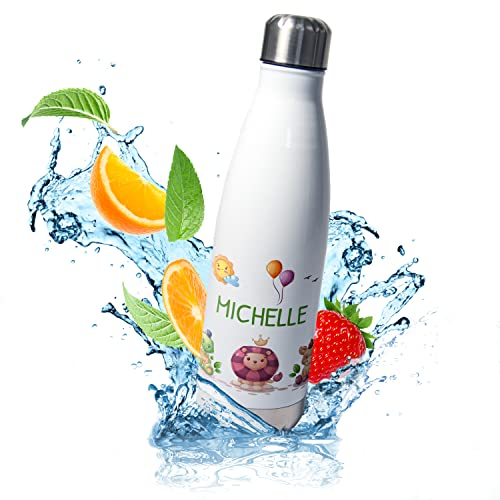 Personalisierte Trinkflasche 500ml für Kinder mit Namen aus Edelstahl: „7 süße Tiere“ – auslaufsichere Thermoflasche Isolierflasche - ideal für Schule, als Geschenk zu Weihnachten, Geburtstag