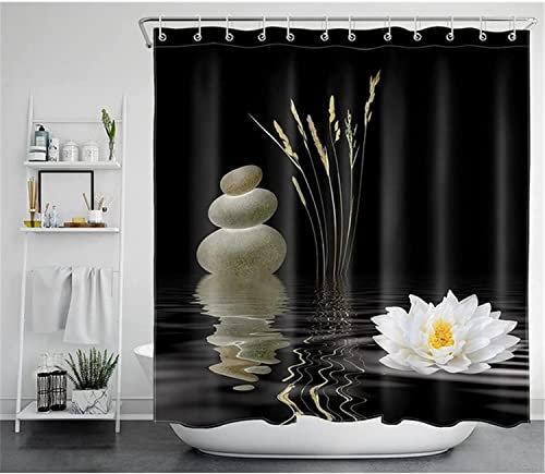 MEKPAM Asiatique Zen Pierre Rideau De Douche Méditation Japonais Lotus Spa Rideau De Douche pour Salle De Bain Tissu Noir Rideaux De Bain avec Crochets 180x180cm