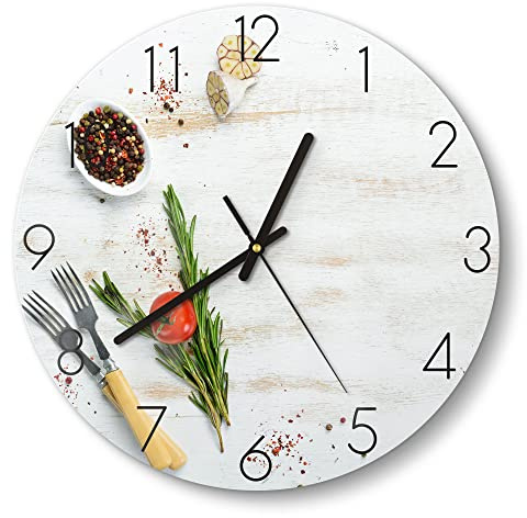 DEQORI Glasuhr | rund Ø 30 cm | Motiv Küchenkräuter und Gewürze | ausgefallene leise Design Uhr aus Glas | Wanduhr für Wohnzimmer & Küche | moderne Hingucker Uhr für die Wand
