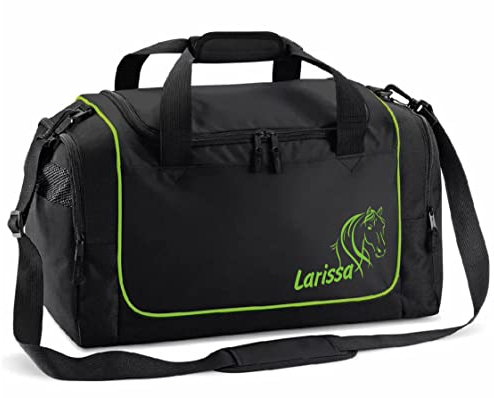 Sporttasche mit Name | Pferd Schwarz/Grün | personalisierbar individuell Bedruckt Reittasche Geschenk für Kinder & Erwachsene kleine Reisetasche Pferdemotiv Schulsport Geschenk Schulanfang Schulkind