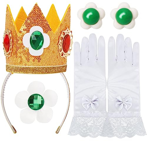 ICECUTE 4-teiliges Prinzessinnenkronen-Zubehör-Set, inkl. Blumenkrone/Brosche/Ohrring/Handschuh, Verkleidungszubehör für Damen, Gold
