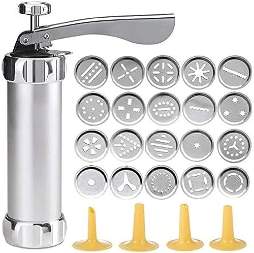 Kekspresse-Set, Metall-Keksformer-Set, Lebensmittelechtes Keksformer-Kuchendekorationsset, Enthält 20 Scheiben Und 4 Zuckerguss-Spitzen, Einfaches Backen, Einfaches Leben,Silber,YUYANAIAI