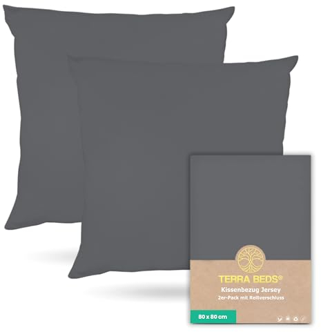 Terra Beds Kissenbezug 80x80 (Set mit 2) - 100% Baumwolle Jersey 160 g/m2, Oeko-Tex Zertifiziert - Kopfkissenbezug für Kissen 80x80 mit Reißverschluss, weich und atmungsaktiv - (Anthrazit Grau)
