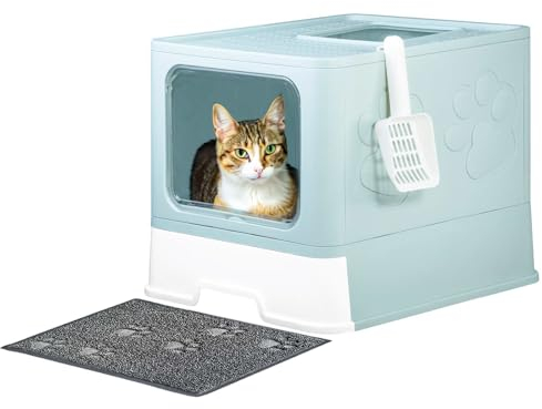 Upgrade Tragbare Katzentoilette, Top Entry Katzentoilette mit Deckel, Kein Auslaufen, Kitty Katzentoilette mit Schaufel und Matte, Einfache Reinigung Katzentoilette Gehäuse