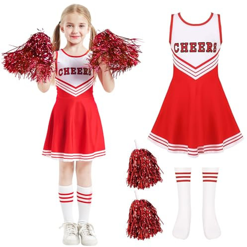 MAXHJX Cheerleader Kostüm Kinder Kleid: Faschingskostüme kinder Cheerleading - Cheer Uniformen mit Pompons Socken für Halloween Dress Up Fasching Party Kostüm (Rot, 130(7-8 Jahre))