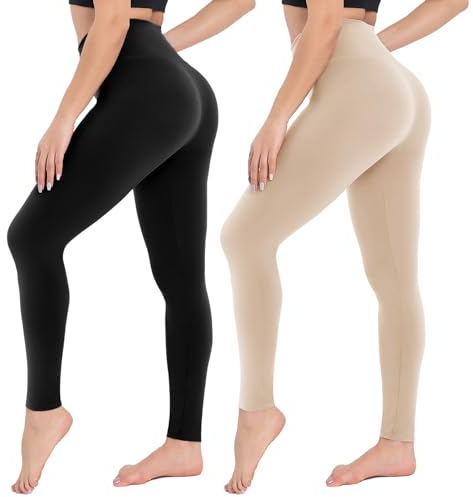 CAMPSNAIL 2er Pack Leggings Damen Schwarz- High Waist Sportleggins Blickdicht Sporthose für Gym Yoga(Schwarz&Beige,L-XL)