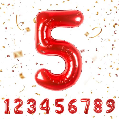 Geburtstag zahlen luftballon 5 jahre | Folienballon Kindergeburtstag Deko 5 XXL Rot-Riesen Folienballon in 40 - 101cm Geburtstagsdeko - Ballon Zahl Deko zum Geburtstag - fliegt mit Helium Red5