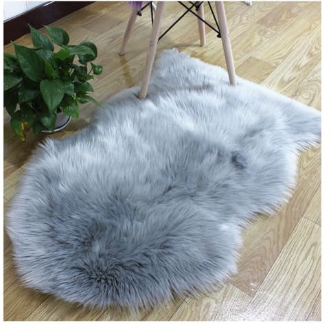 Hrlace Lammfell Schaffell Teppich Kunstfell Teppich Lammfellimitat Teppich Longhair Weiche Flauschig Stuhlauflage Nachahmung Wolle Bettvorleger Sofa Matte für Stuhl Sofa Schlafzimmer Grau 65x100cm
