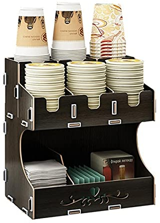 OQHAIR Paper Cup Dispenser Wooden Disposable Cup Holder Lids and Drinking Straws DIY Organizer Storage Box Multi Compartments Coffee Drink Paper Cups for Water Dispenser (Color : Black,