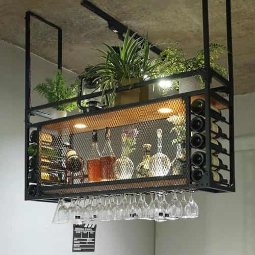 Witriolik Casier à vin Suspendu au Plafond Industriel, Plafond Casier Vin Hauteur réglable Casier à vin en Métal Porte-Verres À Pied Meuble Rangement Bouteille Alcoo pour Les Bars, Restaurants