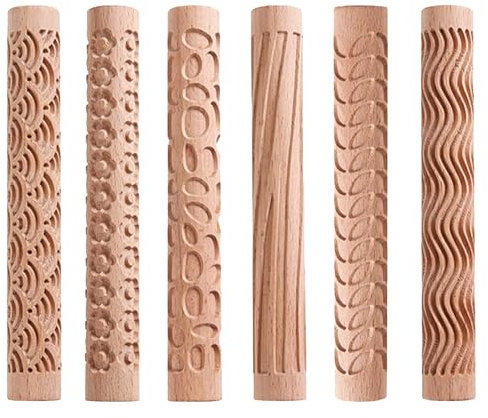 Ginobili 6-Teiliges Tonmodelliermuster, Texturmuster 15x2cm für Ton Holzgriff Töpferwerkzeuge Welle
