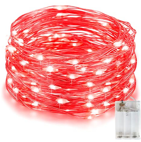 LED Lichterkette Rot, Wasserdicht Lichterkette, 3AA Batteriebetrieben, 33Fuß 100 LEDS Silberfaden Lichterkette, Für Geschenk Deko, Hochzeit, Zimmer, Home Deko, Weihnachten Party, Rot