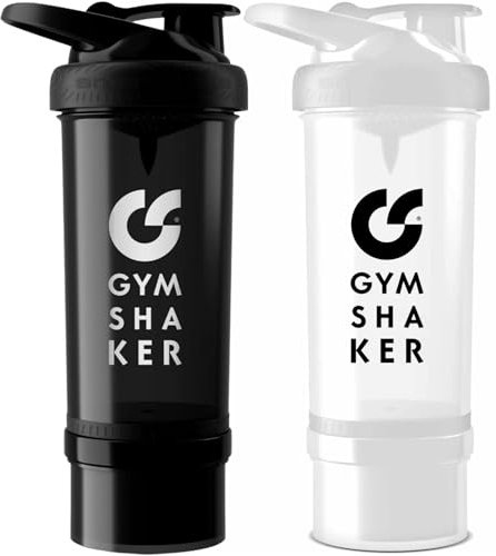 G GYMSHAKER 2er Pack Protein Shaker mit Pulverfach - cremige Shakes, auslaufsicher, Spülmaschinengeeignet - Shaker Proteinshake - Schwarz, Weiß
