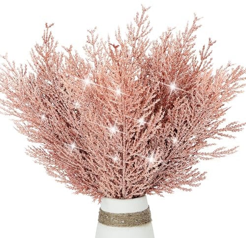 KKSTY Pack of 16 Artificial Pine Branches Glitter Twig Ornaments, 13.3'' Glittery Christmas Tree Picks Stems for Xmas Decor,DIY Crafts,Wreath Making Supplies,Small Vase Filler (Rose Gold)