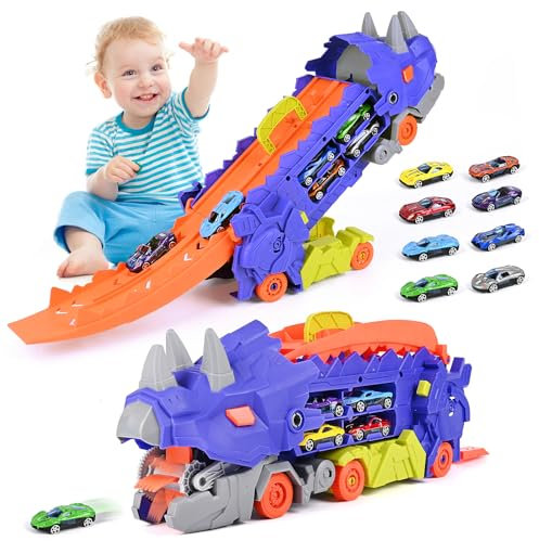 Juguetes para Camiones de Dinosaurios, Portátil Pista De Carreras Camión Juguete Coche con 8 Coches De Carreras, Dinosaurio de Juguete Regalos para Niños, Camiones Juguete Coche para Niños 3-8 Años