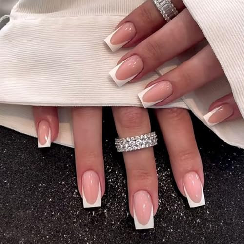 GlamRays 24 Pieces French Nails Short Flat Head & White with French Tip False Nails Suitable Press On Nails Nail Supplies Stick On Nails Acrylic Nails Glue Nails Art Tips