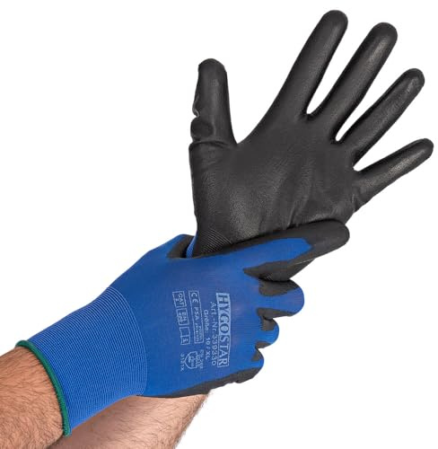 FRANZ MENSCH 24 Stück Hygostar Feinstrickhandschuhe Ultra Light | PU-Beschichtung, Packung, blau-schwarz, 8/M, L: 24cm, Montagehandschuhe, Schutzhandschuhe, Arbeitshandschuhe