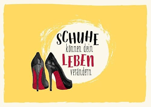 Gutsch Verlag Postkarten Sprüche Schuhe können dein Leben verändern witzige Karte mit High Heels für Modebegeisterte auffälliges Design mit gelbem Hintergrund und stilvollen Schuhen