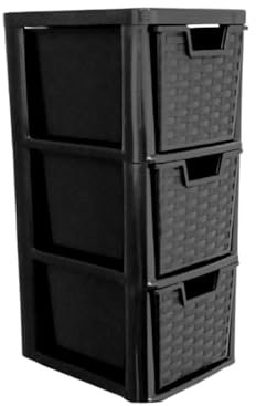 Rattan Effect 3 Drawer Plastic Storage Organizer- Multipurpose Storage Drawer Unit Home Kitchen Office School Garage Bedroom Bathroom Stationery Crafts Files Toys Cosmetics 25Dx19Wx 48Hcm Medium Black