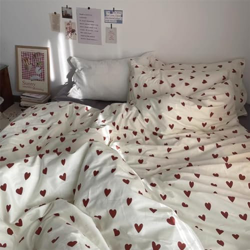 Nayoroom Bettwäsche Baumwolle 135x200 Herzen Aesthetic Bettbezug mit Kissenbezug 80x80 cm Weiß mit Roten Herzchen Bettwäsche Set mit Reißverschluss