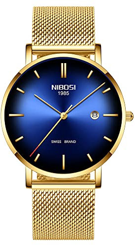 NIBOSI Armbanduhr, blaues Zifferblatt mit goldfarbenem Gehäuse, Milanaise-Armband, Geschenk, wasserdicht, minimalistisch, modisch, elegant, luxuriös, klassisch, Vintage, Quarz, analog, blau, Modern
