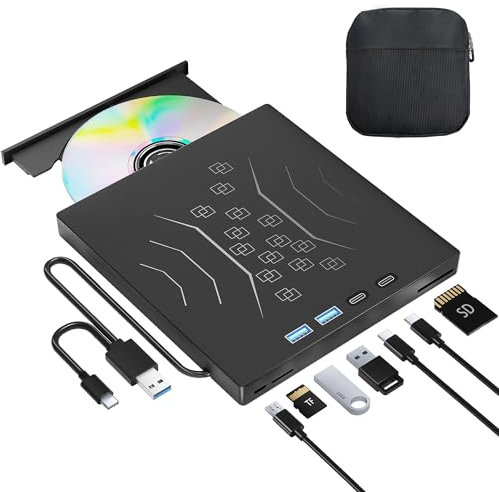 Wbacon 7 in 1 External DVD Drive, External CD/DVD Drive for Laptop USB 3.0 & Type-C, Portable CD/DVD +/-RW Disk Drive, CD/DVD Burner CD ROM External Drive for Desktop PC (External DVD Drive +Bag)