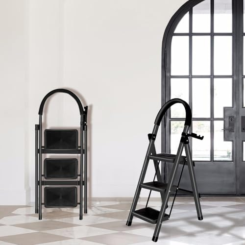 Escabeau Pliable en Acier, Marche Pied avec Plateforme de Travail,Charge 180 kg, Tabouret en Acier Marche Pied Adulte,pour la Maison, Cuisine, Placard et Bureau,104 x 57 x 41,5 cm–3 étapes (Noir)