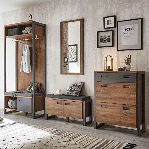 Lomadox Komplett Garderobenset im Industrial-Design Stirling-Oak-Eiche anthrazit, Kompaktgarderobe Sitzbank & Polster Schuhschrank & Klappen Spiegel