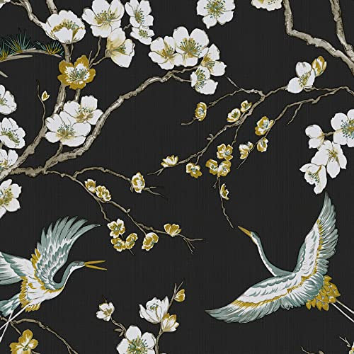 Graham & Brown Papier peint intissé Oiseaux Japonais 1005 x 52cm Noir, Vert | Revêtement Mural, Tapisserie | Ambiance Facile à poser et à enlever