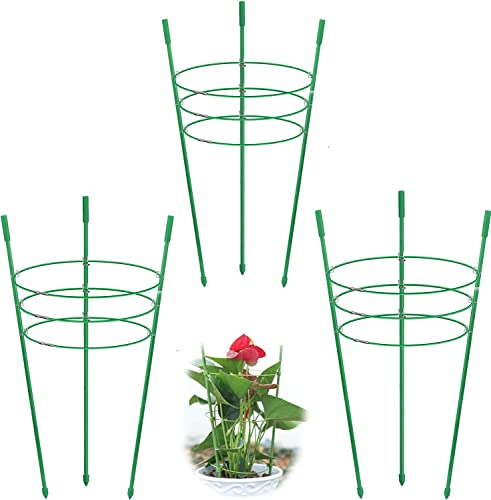 Wiederverwendbare klappbare Gartenpflanzenstütze Metallringe Große Gartengitterblume Edelstahlstütze Klettern Vegtables & Flowers & Fruit Grow Cage Pfähle mit 3 verstellbaren Ringen 45 cm (4 Pack)