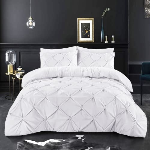 K&A® Pintuck Pinch Pleat King Size Duvet Cover Sets with Zipper Closure including Pillowcase – Ultrasoft Brushed Microfiber – Easy Care & Machine Washable (White - 220x230)