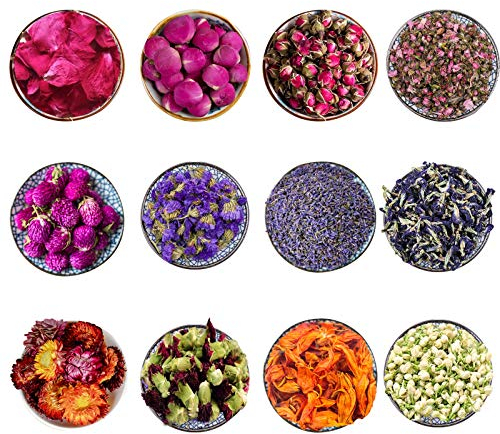 CoolCrafts 12 Sac Fleurs Séchées Naturelles Fleur Séchées pour Bougie Savon, Boutons de Roses Séchés Fleur Jasmin