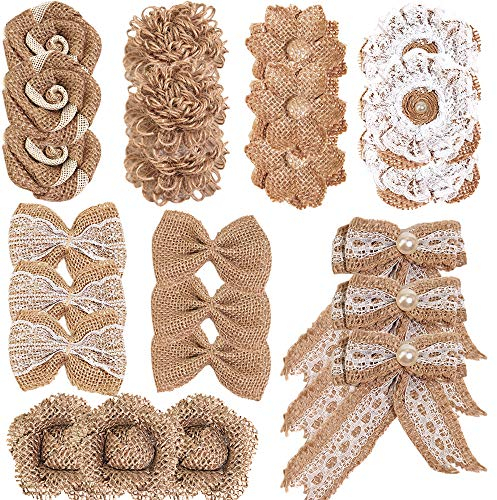 Sackleinen Blumen Set，24 Pcs Handgefertigte jute blumen Sackleinen spitze blumen Rustikale spitze rose blume，für DIY Basteln,Hochzeit Dekorationen