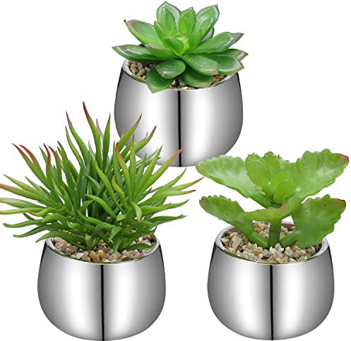 Briful Kleine künstliche Sukkulenten in Töpfen Set mit 3 realistischen künstlichen Sukkulenten Pflanzen mit silbernen Keramiktöpfen Niedliche Mini gefälschte Pflanzen Dekor für Moderne Home Tisch