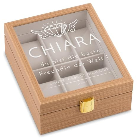 Maverton Uhrenbox mit Gravur für 6 Uhren, Jewelkeeper Hellbraun | Uhrenschachtel, Uhrenaufbewahrungsbox aus Holz, personalisiert, Geschenk zum Geburtstag für Frauen