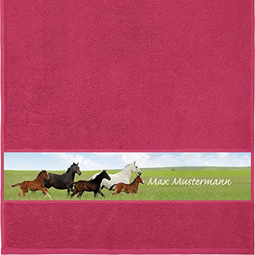 Manutextur Handtuch mit Namen - personalisiert - Motiv Pferd 2 - viele Farben & Motive - Dusch-Handtuch - Fuchsia - Größe 50x100 cm - persönliches Geschenk mit Wunsch-Motiv und Wunsch-Name