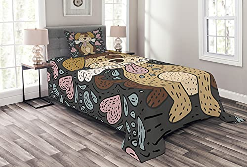 ABAKUHAUS Hund Tagesdecke Set, Welpe und Knochen Herz-Gekritzel, Set mit Kissenbezügen Maschienenwaschbar, 170 x 220 cm, Grau und Multicolor