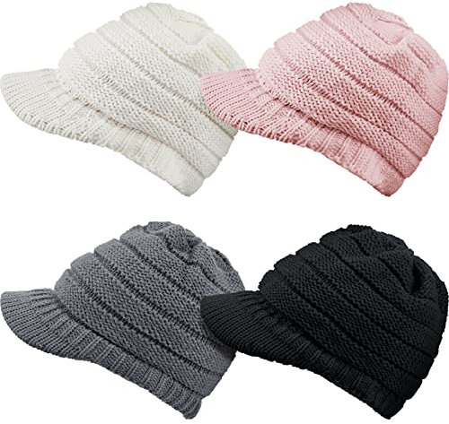 SATINIOR Damen-Winter-Strickmütze, Winterkrempe, Beanie-Mütze für Damen, Slouchy Beanie-Mütze mit Visier, warme Zeitungsjungen-Schädelmütze, Schwarz, Grau, Weiß, Rosa, Einheitsgröße
