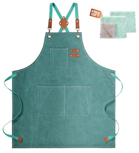 ZOMAO Delantal de chef, delantal de lona con espalda cruzada con bolsillos para hombres y mujeres, delantal de cocina para hornear, Verde esmeralda, m-xxl